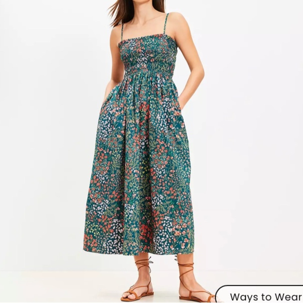 LOFT NWT Garden Poplin Smocked Strappy Maxi Pocket Dress